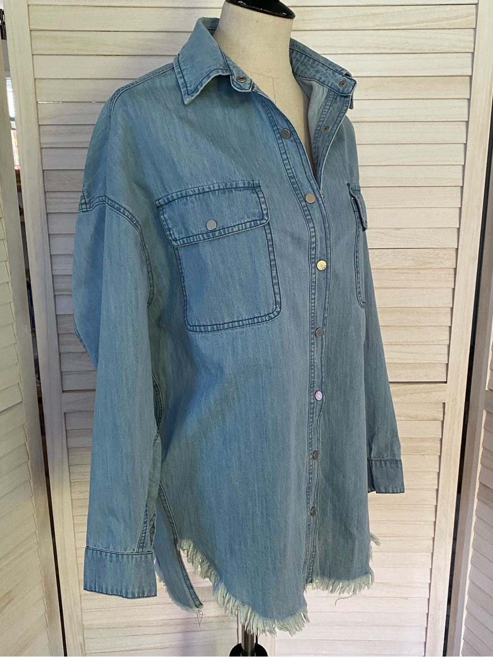 POL Blue Denim Button-Down Shirt/Shacket with Back Plaid Patch SZ S - Picture 3 of 14